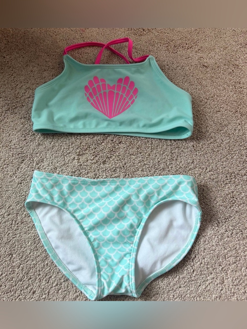 Girls Mint Green Mermaid Bikini Set with Pink Shell Accent